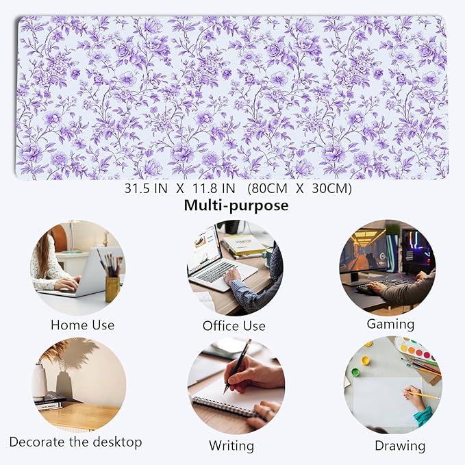 Purple Chinoiserie Mouse Pad,Vintage Purple and White Floral Desk Mat,XL Large Vintage Flowers Preppy Mouse Pad,Girly Laptop Desk Mat for Dorm Home Office,31.5x11.8 Inch