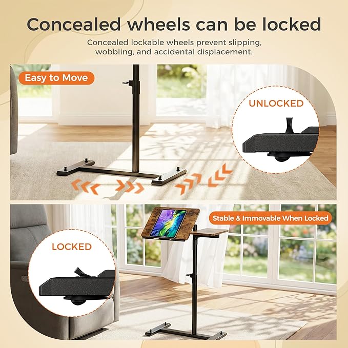 Aothia Small Standing Desk Rolling Table Adjustable Height, Laptop Mobile Stand with Wheels, Overbed Table, Portable Computer Workstation with Tiltable Desktop for Teacher Classroom Home Office, Brown