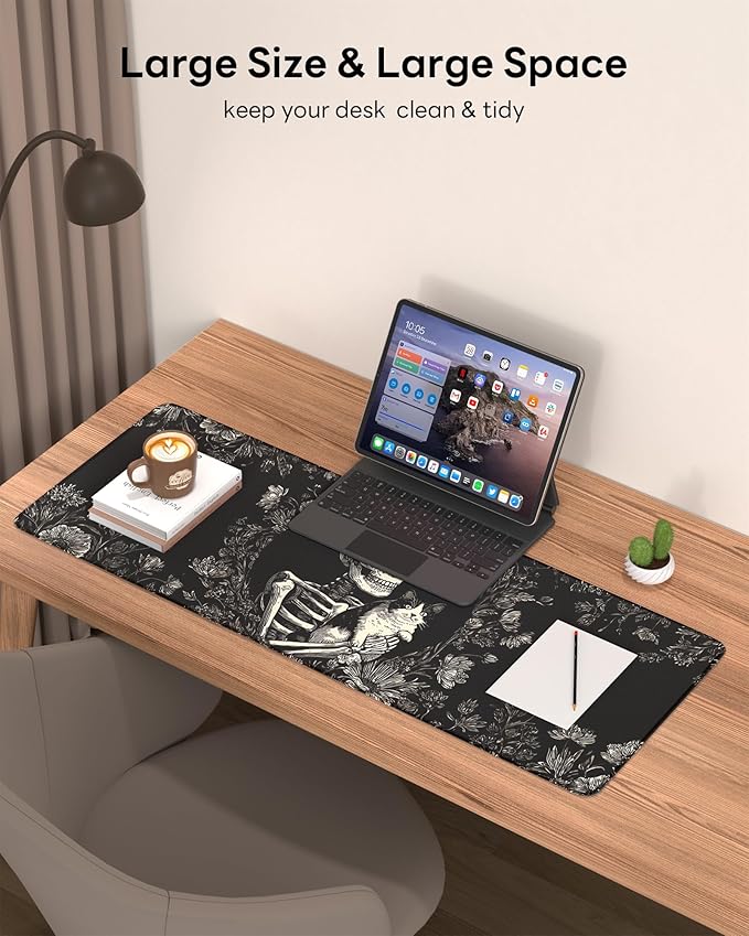Skull Mouse Pad, 31.5 x 11.8 Large Desk Mat with Stitched Edges & Non-Slip Base, Mousepad for Office, Home, Work, Skull Cat