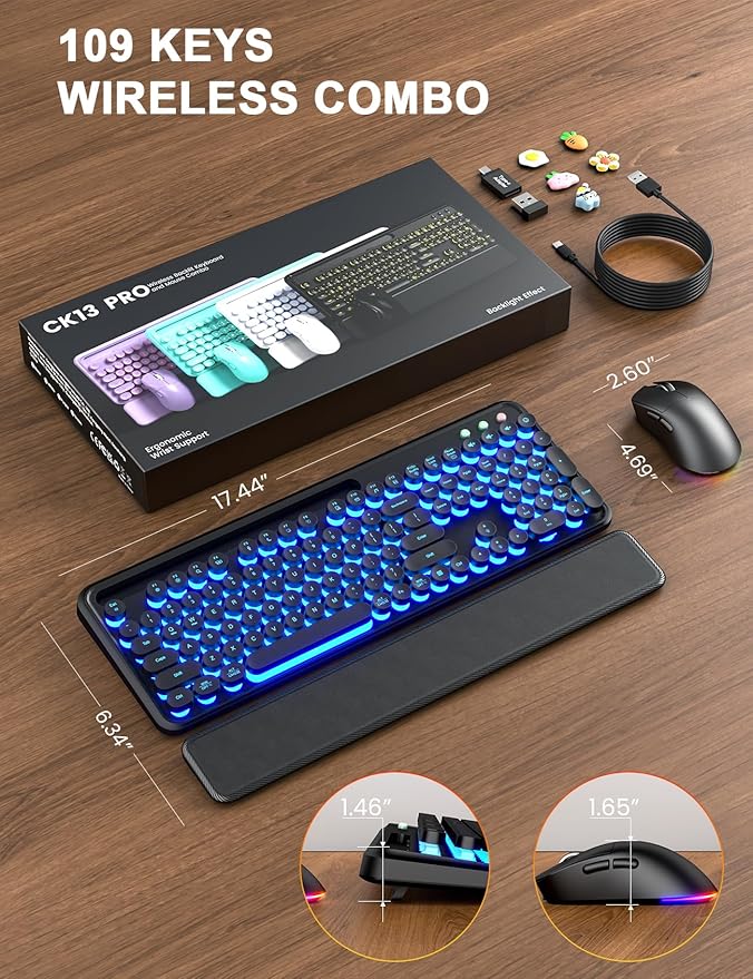Wireless Keyboard and Mouse Combo - Backlit Typewriter Keyboard with Magnetic Wrist Rest & Phone Holder, Light Up Round Keycaps, 2.4GHz Cordless Set for Mac, Windows, PC, Laptop, SABLUTE