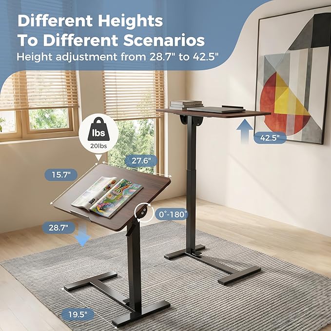 DUMOS Mobile Standing Desk, Height Adjustable Laptop Desk with Pneumatic Lift, Portable Computer Workstation Cart for Bed, Couch, Office, Sofa, Brown