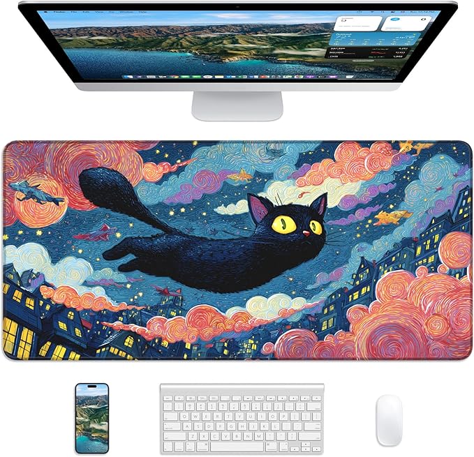 XL Gaming Mouse Pad, 31.5x15.7'' Large Desk Mat with Anti-Slip Rubber Base & Stitched Edges for Gaming, Office, Home, Flying Cat