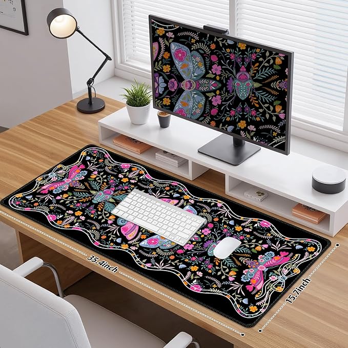 Desk Mat for Keyboard and Mouse, Large Non-Slip Mouse Pad Keyboard Pad, Computer Mats for Desktop, Cute Desk Pad with Stitched Edges for Office, Gaming I Black Colorful Folk Art