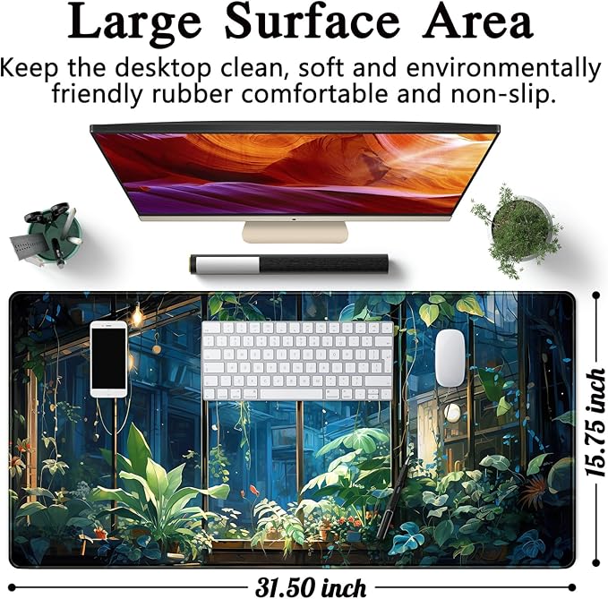 Plant Desk Mat Green Big Mouse Pad Large Gaming Mousepad Extended Keyboard Pad City View Aesthetic Desk Pad XXL Mouse Mat 31.5''X15.7'' Office Decor Cute Desk Accessories for Women