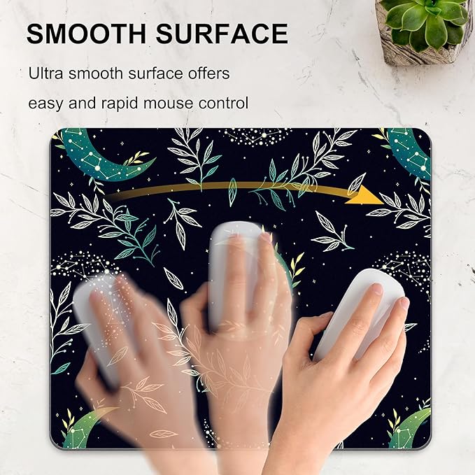 Black Moon Stars Mouse Pad Cute, Mystical Herb Square Computer Mousepads Washable Dark Boho Crescent Magic Nature Leaf Desk Mouse Pads Non-Slip Rubber Base for Gaming Office Laptop Wireless Mouse