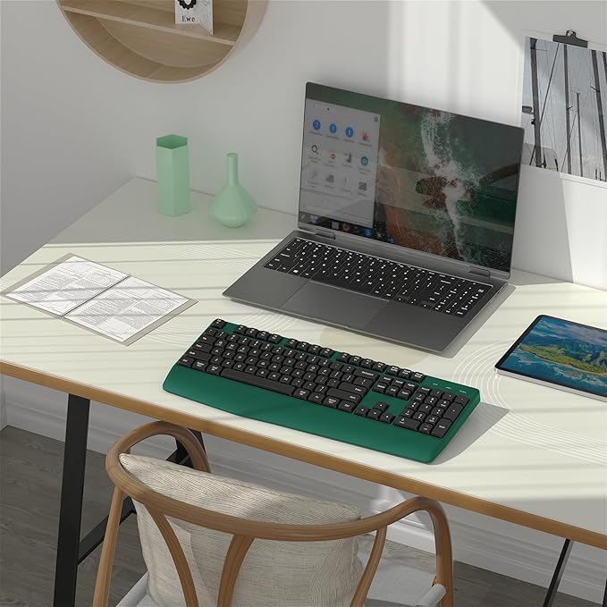 Wireless Bluetooth Keyboard, Ergonomic Wireless Keyboard with Wrist Rest, 2.4GHz & Bluetooth Dual-Mode Compatibility for PC, Laptop, Windows, Mac, and More (Black Green)