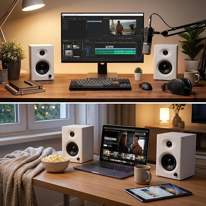 Computer Speakers for Desktop PC, 60W Bluetooth Surround Sound Speakers with Bass, Compact Powered Bookshelf Speakers for Office, Monitors, Laptop, Gaming, TV, Gifts (White, Pair)