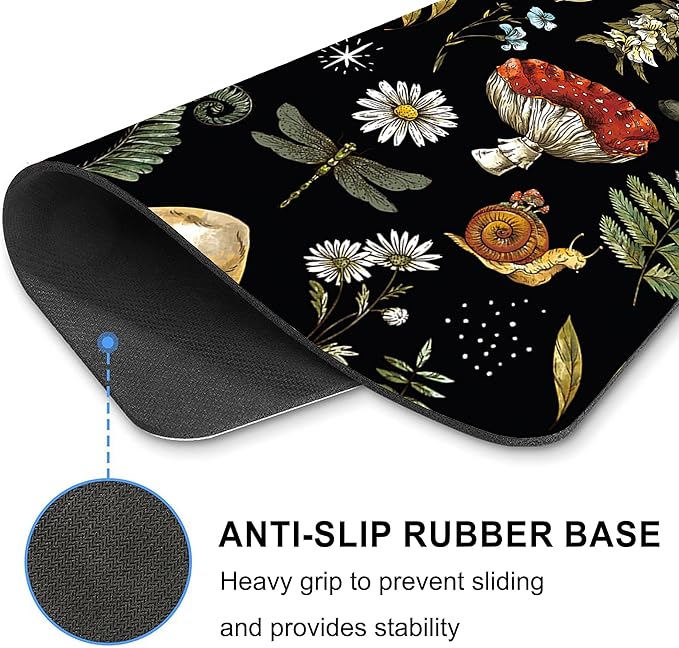 Black Mushroom Mouse Pad Cute, Vintage Cottagecore Aesthetic Flower Square Mousepad Washable Magic Nature Forest Moth Plant Leaf Mouse Mat Non-Slip for Desk Gaming Office Laptop Wireless Mouse