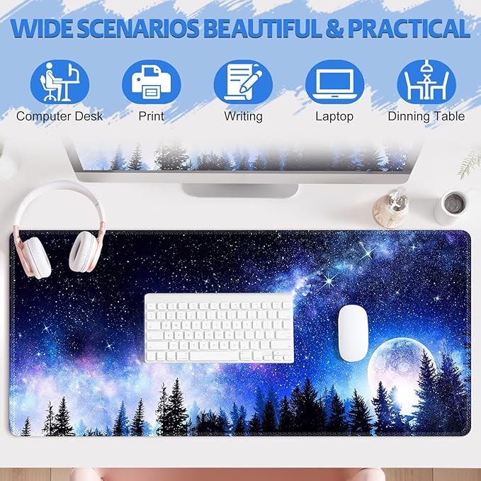Mouse Pad, Cute Cool XXL Large Desk Mat for Desk Cover, Anti-Slip Big Mousepad with Stitched Edges, Keyboard Mat for Computer Desktop Table Protector I Galaxy Moon Pines