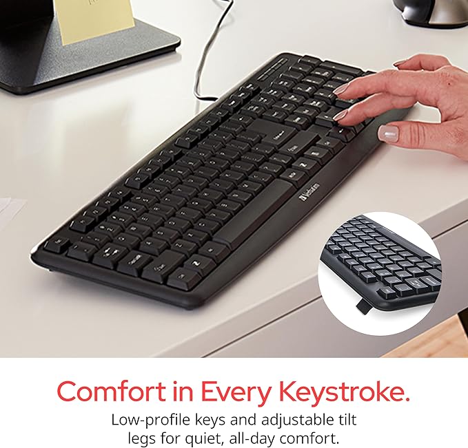 Verbatim Slimline Wired Keyboard USB Plug-and-Play Numeric Keypad Adjustable Tilt Legs Corded Full-Size Computer Keyboard Compatible with PC, Laptop - Frustration Free Packaging Black 99201
