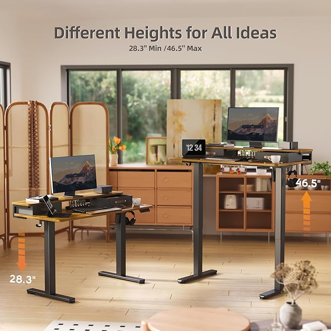 Seang Electric Standing Desk with 2 Drawers, Adjustable Standing Desk with Storage Shelf, Height Adjustable Stand up Desk for Home Office with 3 Presets & 2 Hooks,48 Inch, Rustic Brown