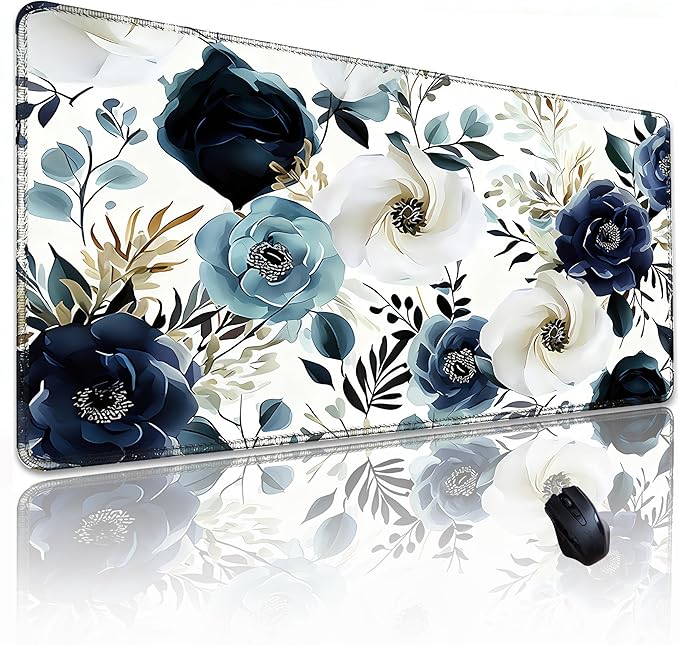 Blue Floral Peony Mouse Pad 31.5x11.8 Inch, Large White Flowers Desk Mat with Non-Slip Base, Micro-Woven Fabric, Stitched Edges for Office Computer
