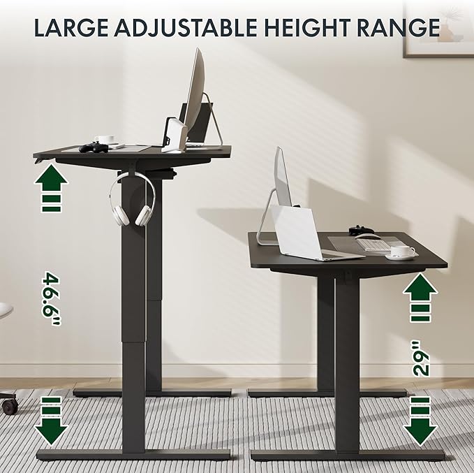 FLEXISPOT Standing Desk, 48" x 24" One-Piece Desktop, Height Adjustable Computer Desk for Home Office, White Frame & Black Top (One Package)