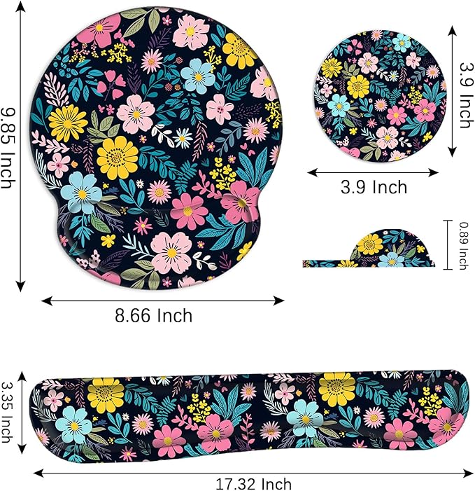Mouse Pad Wrist Support and Keyboard Wrist Rest with Coaster,Non-Slip Rubber Base Ergonomic Gaming Mousepad for Home Office Working Studying Easy Typing & Pain Relief,Colorful Blooming Floral Flower