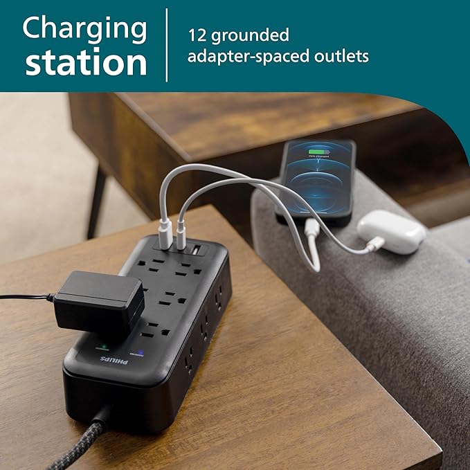 Philips Surge Protector, 12 Outlet, 2 USB-A, 1 USB-C, 17W, 3120J, Braided Cord, 8ft, Black