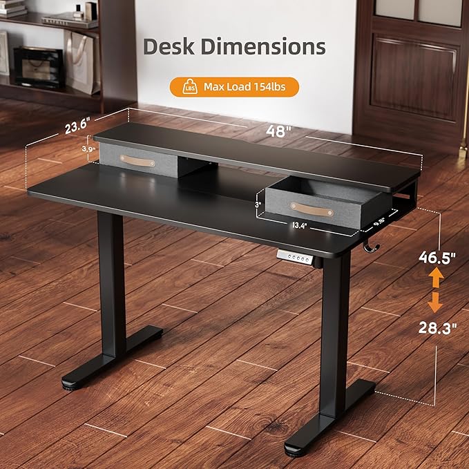 Seang Electric Standing Desk with 2 Drawers, Adjustable Standing Desk with Storage Shelf, Height Adjustable Stand up Desk for Home Office with 3 Presets & 2 Hooks, 48 Inch, Black