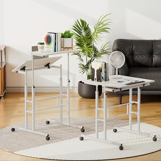 Athena Collection Height Adjustable Rolling Desk Mobile Portable Laptop Stand Cart Small Sit Standing Desk Computer Table Workstation for Home Office, White