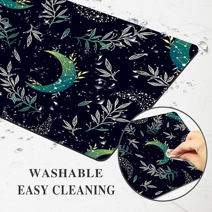 Black Moon Stars Mouse Pad Cute, Mystical Herb Square Computer Mousepads Washable Dark Boho Crescent Magic Nature Leaf Desk Mouse Pads Non-Slip Rubber Base for Gaming Office Laptop Wireless Mouse