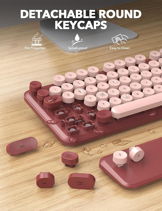 Wireless Keyboard and Mouse Combo - Cute Typewriter Keyboard with Detachable Wrist Rest, Retro Round Keycaps, Foldable Legs, 2.4GHz Full-Size Keyboard for PC, Laptop, Windows - Trueque (Wine Red)