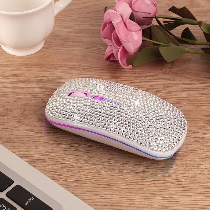 Bluetooth Mouse,Bling Dazzling 2.4GHz Rechargeable Wireless Mouse Slim Mouse with USB Receiver, Compatible with Notebook, PC, Laptop, Computer, MacBook,Great Present idea for Her (White)
