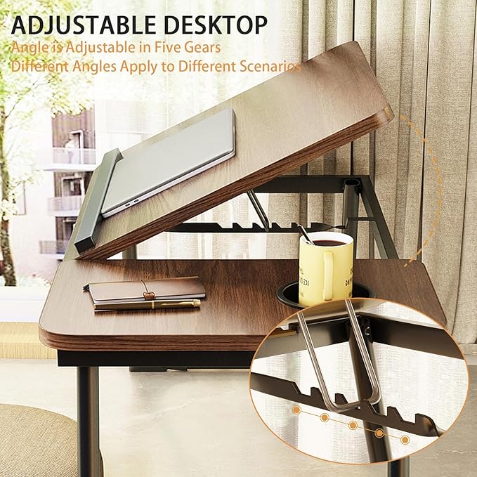 Laptop Desk for Bed, Adjustable Laptops Stand with 5 Adjustable Angles, Portable Lap Tray Table with Cup Holder, Laptop Bed Desk Tray for Eating Working Writing Reading (Brown)