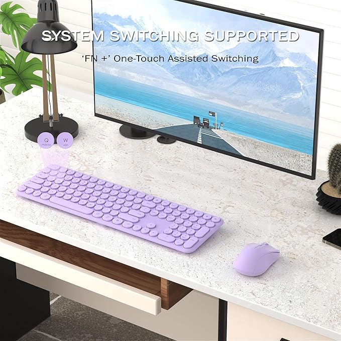 Wireless Keyboard and Mouse Combo, 110 Round Quiet Keys, Adjustable Optical Mouse, Share 1xUSB Receiver, Power Switch, for Windows Mac(Purple)