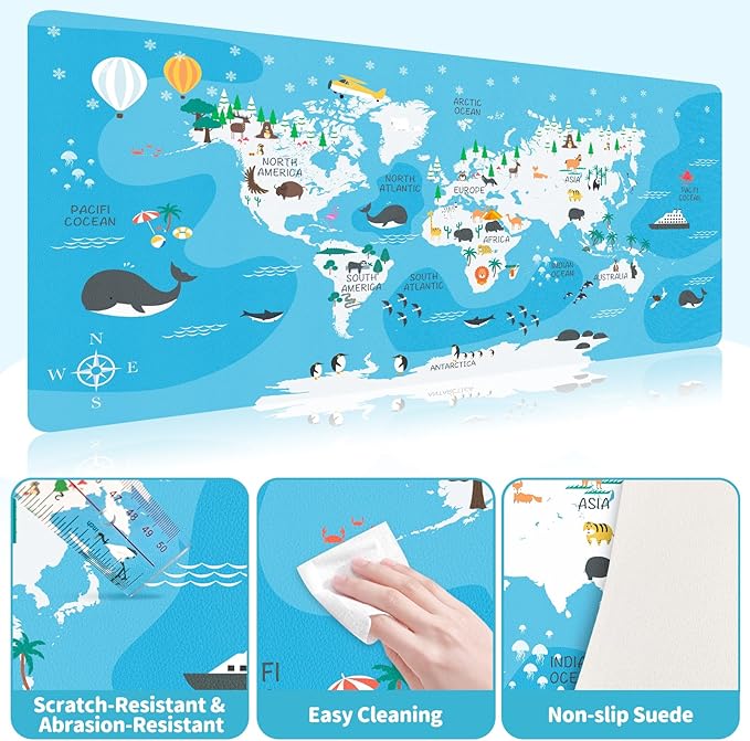 Kid's Desk Mat Cute Early Education Leather Desk Mat, Kawaii Blue Toddler World Map Waterproof Desk Writing Pad, Large Keyboard and Mouse Mat for Classroom/Kindergarten(35.4" X 15.7")