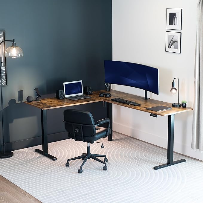 VIVO Large Electric Single Motor Height Adjustable 3-Leg CornerStanding Desk Frame, Holds up to 225 lbs, Sit Stand L-Shaped Motorized Legs Only, Black, DESK-E375B