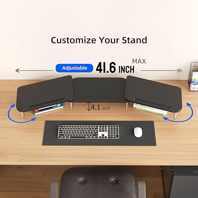 LED Dual Monitor Stand Riser for 2 Monitors,Office Desktop Wooden Stand Adjustable Length and Angle 3 Shelf,Extra Long Multifunctional Stand up to 39.3" for Computer,Laptop,TV,Black