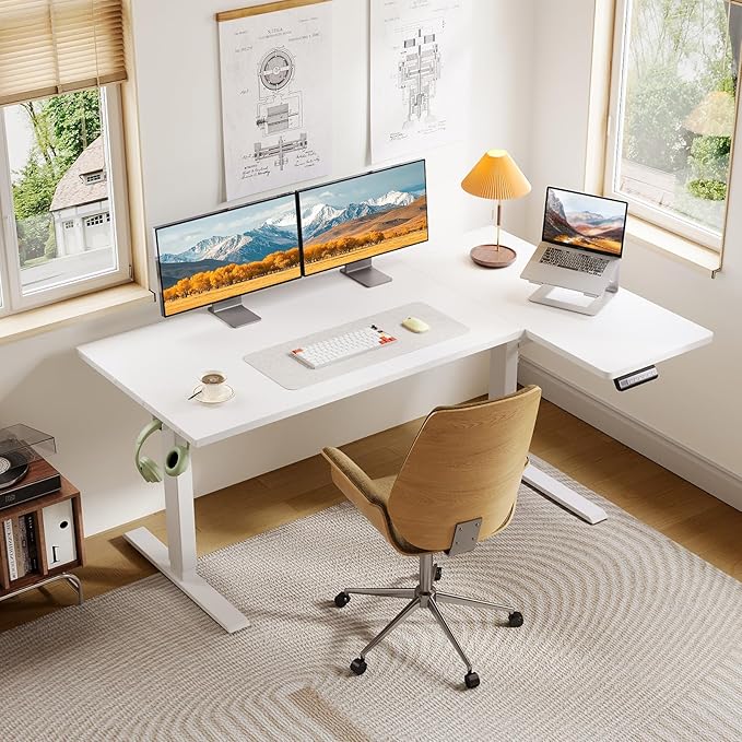 OffiGo Electric L Shaped Standing Desk, 55 Inches Height Adjustable Table, Reversiable Corner Stand Up Desk, Lifting Computer Table for Home Office, Computer Workstation, White