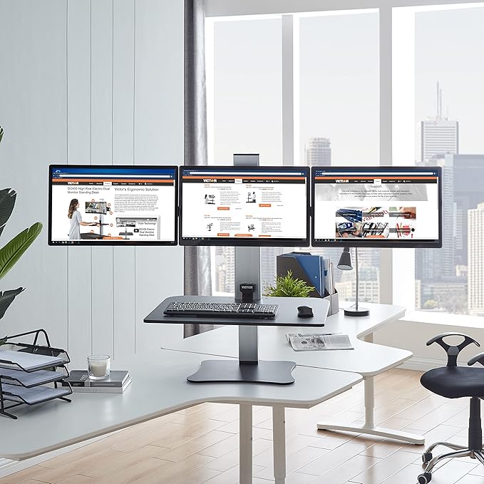 Victor DC475 High Rise Electric Triple Monitor Standing Desk Converter | Three Large Monitor Sit-Stand Desk | 28” Wide Work Surface | Compatible with Any Standard Desk | Adjustable Monitor Holder