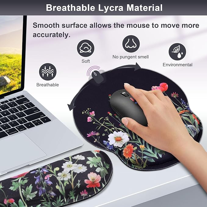 Wildflower Mouse Pad with Wrist Rest and Keyboard Wrist Rest Set, Black Floral Ergonomic Memory Foam Mouse Pad Set for Women, Office Desk Accessories, Gaming Use