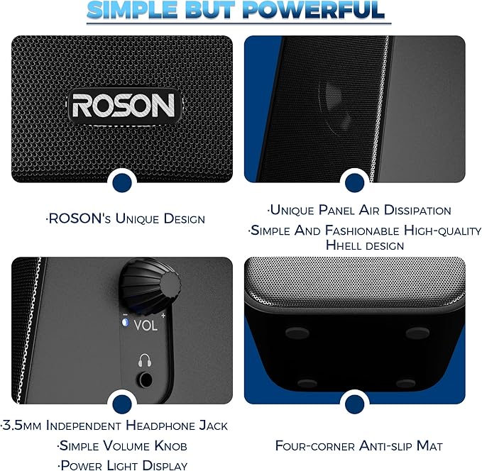 ROSON Computer Speaker, Compact Size Speaker with Headphone Jack, Enhanced Bass and Volume Control, Stereo 2.0 USB Powered 3.5mm Aux Multimedia Speakers for Laptop/Desktop/Tablets/Phone