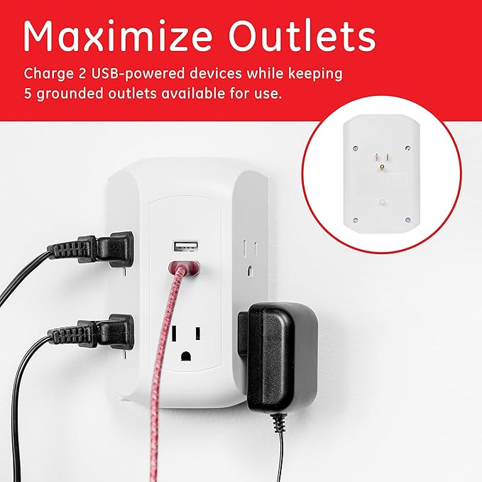 GE 5-Outlet 2-USB Surge Protector Outlet Adapter, 560 Joules, Fast Charging Station, 12W USB-A Ports, Side Access, Compatible with Apple iPhone, iPad, Samsung Galaxy, Google Pixel, White, 58297