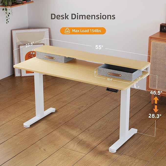 Seang Electric Standing Desk with 2 Drawers, Adjustable Standing Desk with Storage Shelf, Height Adjustable Stand up Desk for Home Office with 3 Presets & 2 Hooks,55 Inch, Natural