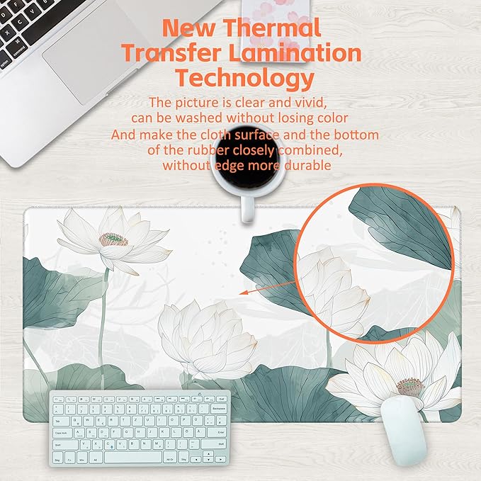 Desk Mat, Watercolor Lotus Painting Desk Pad, White Lotus Large Gaming Mouse Pad for Desk, 31.5"x15.7" Extended Big Computer Keyboard Mouse Pad with Non-Slip Base and Stitched Edge