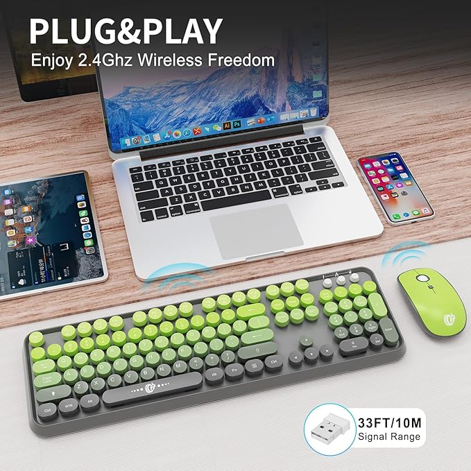 Wireless Keyboard and Mouse Combo - Cute Colorful Keyboard and Mouse, Retro Typewriter Keyboard with 2.4GHz Plug & Play, for Windows 11/10/7, Laptop, PC (V2020-Green)