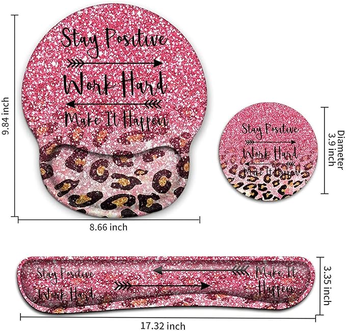Keyboard Wrist Rest and Mouse Pad with Wrist Support, Ergonomic Gel Mouse Pad Coaster,Easy Typing Pain Relief, Memory Foam Keyboard Mousepad Set,Pink Faux Glitter Leopard