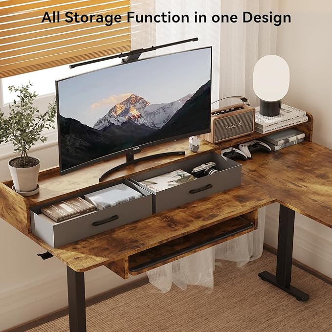 63 Inches Height Adjustable L Shaped Standing Desk with 2 Drawers and Keyboard Tray, Electric Sit to Stand Home Office Comupter Table, Ergonomic Corner Gaming Desk, Rustic Brown