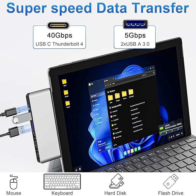 Surface Pro 9/10/11/X Docking Station, Quad Display Surface pro 11 USB Hub with Dual 4K@60Hz HDMI, USB-C (4K@60Hz Video+40Gbps Data+100W Charge), 2 USB3.0, SD/TF, 3.5mm Mic for Surface Pro 11/10/9/X