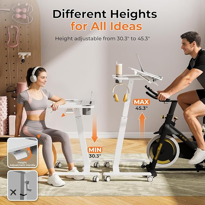 JOY worker Tiltable Treadmill Walking Pad Desk, 31.5" Small Pneumatic Height Adjustable Standing Desk with Cup Holder & Towel Rack, Mobile Bike Trainer/Cycling Stand for Home Office Fitness, White
