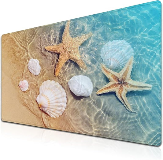 Large Mouse Pad Palm Starfish Seashell, Gaming Mouse Pads Office Desk Pads, Full Desk Mouse Pad Non-Slip Rubber Base, 35.4 X 15.7 inch for Work/Game/Office/Home Summer Beach Sea Sand Water