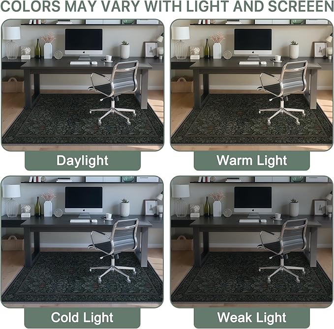 48"x60" Office Chair Mat for Hardwood Tile Floor, Under Desk Carpet Protector for Rolling Computer Chair Mat, Machine Washable Area Rug, Anti-Slip 1/5" Thick Low Pile Thin Vinyl Floor Mat, Dark Green
