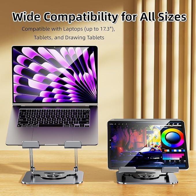 Laptop Stand for Desk, 360° Rotating Adjustable Metal Foldable Laptop Riser with Minimalist Football Vent Pattern, Ergonomic Computer Notebook Holder for MacBook, Dell, HP 10-17.3", Silver