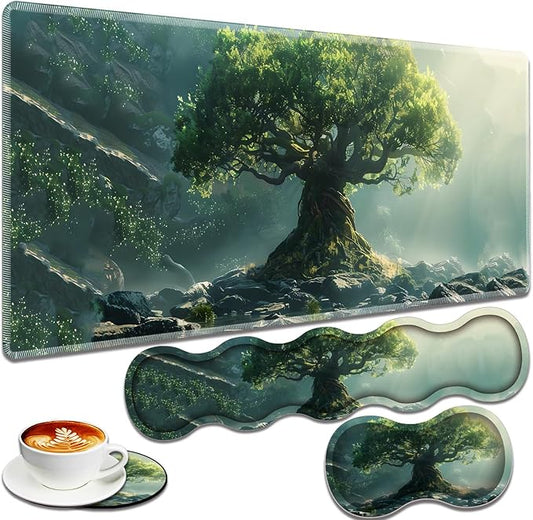 Large Gaming Mouse Pad + Keyboard Wrist Rest + Wrist Support + Coaster Set, Memory Foam Ergonomic for Easy Typing, XXL Extended Gaming Mouse Pad Table Pad - Tree of Life