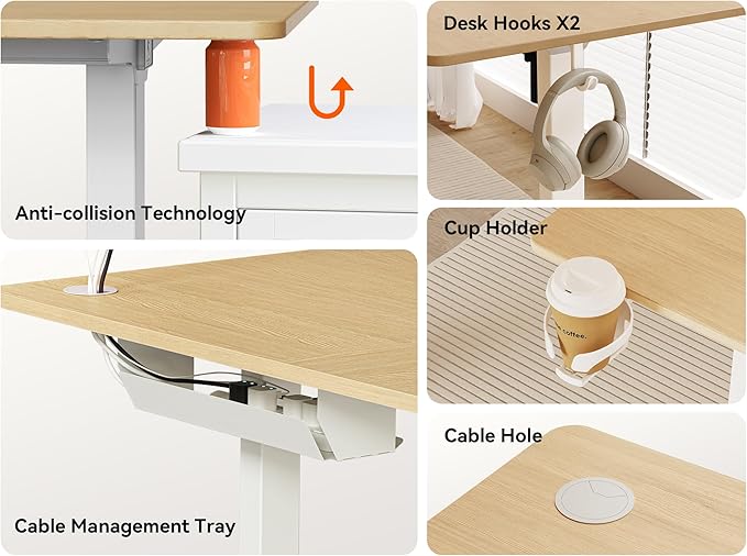 75x61 Inches Reversible L Shaped Standing Desk Height Adjustable with Cup Holder, Electric Corner Computer Workstation for Home Office, Ergonomic Sit Stand up Gaming Desk, Oak