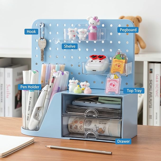 Comix Desk Organizer with 2 Drawer, Multifunctional Pen Holder for Desk, Desktop Organizer with Pegboard + Drawer + 5 Slots Pencil Holder for Office Home Art Supplies (Blue)
