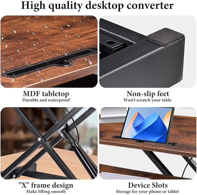 37" Desk Converter, Height Adjustable Stand Up Desk Converter, 2 Monitor Standing, Sit to Stand, Quick Sit to Tabletop, Riser Workstation with Wide Keyboard Tray