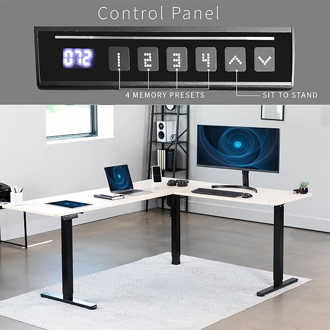 VIVO Corner Standing Desk, 75 x 63 inch Reversible L-Shaped Workstation, Electric Height Adjustment, Home, Office, and Reception Rooms, Light Wood Table Top Black Frame, DESK-E3CTBC-75
