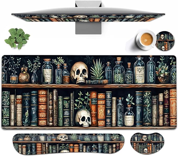 Large Mouse pad and Keyboard Support Set, Ergonomic Memory Foam Keyboard Wrist Rest, Extended Gaming Mouse Pad with Stitched Edges, Old Witchs Library XXL Desk Mat (31.5 X 11.8 in)